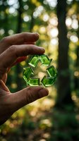 Hands holding green recycling symbol in forest with bokeh background representing environmental conservation and sustainable living practices.