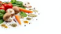 Fresh organic vegetables and aromatic spices arranged on white background for healthy cooking and culinary preparation in modern kitchen.