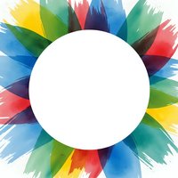 Vibrant multicolored paint brush strokes forming circular frame with white center space for text or logo design on transparent background.