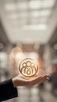 Hand holding glowing team icon with people symbol in blurred office background, representing teamwork, collaboration, and business community support.