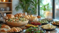 Fresh buffet spread with quinoa salad, croissants, nuts, and berries on wooden table. Elegant party setup features diverse appetizers and healthy Mediterranean style dishes in natural light.