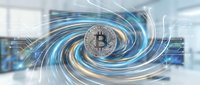 Digital cryptocurrency coin spinning in futuristic energy vortex with glowing blue and orange light trails in modern tech environment for fintech concepts.