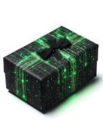Gift box wrapped in black paper with digital matrix pattern in glowing green, tied with black ribbon bow against white background, isolated for design use.