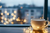Cozy coffee cup with warm fairy lights on windowsill during evening twilight creating peaceful atmosphere for relaxation and comfort at home.