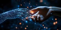 Human hand touching digital network formation with glowing connections and particles against dark background, symbolizing artificial intelligence interface.