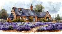 Rustic brick cottage with dormer windows surrounded by blooming lavender field against cloudy sky, watercolor style artwork depicting countryside charm and floral landscape.