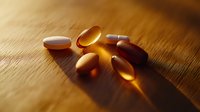 Vitamin and supplement capsules scattered on wooden surface in warm sunlight casting long shadows, omega-3 fish oil and mineral tablets for healthy lifestyle.