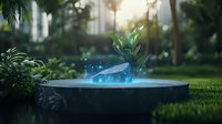 Magical glowing plant emerging from mystical floating water surface in tropical garden setting with ethereal blue light and morning sunbeams through palm trees.