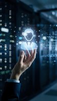 Male hand in business suit holding glowing digital user profile icon with circuit board patterns and data visualization in server room background for technology and networking concepts.