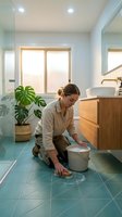 Woman cleaning bathroom floor with brush and bucket in modern home interior with wooden vanity and potted plant.