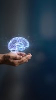 Hands holding glowing digital brain hologram with neural connections and sparkling particles on dark blue gradient background for technology concepts.