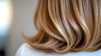 Close up view of blonde highlighted hair with soft waves and natural balayage coloring technique showing smooth texture and professional styling on light background.