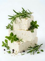 Stack of white cheese blocks garnished with fresh rosemary, oregano and thyme herbs on white background. Artisanal dairy product for gourmet cooking and culinary arts.