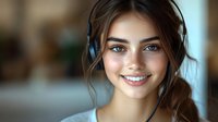 Young woman with bright smile wearing headset for remote work or customer service, natural makeup and casual style against blurred background.