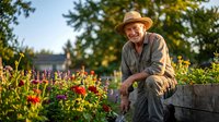 Smiling senior Caucasian male gardener in hat sitting by colorful flower garden during golden hour sunset. Organic farming and sustainable agriculture concept.