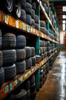 Stacked car tires on metal shelves in automotive warehouse with labeled racks, showing organized inventory storage for vehicle maintenance.