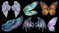 Colorful fantasy wings collection featuring angel wings, fairy wings, bat wings, and butterfly wings isolated on transparent background. Ready for t-shirt design, clipart, stickers, sublimation, and print-on-demand projects.