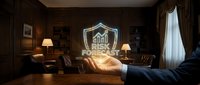 Young male professional in dark business suit sitting at wooden desk in luxury office, holding glowing risk management hologram symbol, surrounded by warm lamp lighting and leather furniture for corporate strategy and financial planning concepts.