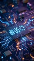 SEO microchip on illuminated circuit board with glowing blue and orange pathways representing search engine optimization technology and digital marketing concepts.