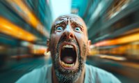 Bearded man screaming in panic with motion blur background creating dynamic zoom effect. Emotional portrait expressing fear, stress and anxiety in urban setting.