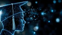 Glowing wireframe silhouette of graduate wearing mortarboard cap with dispersing particles and light effects, symbolizing education, knowledge, and digital learning technology.