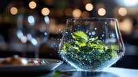 Refreshing gin and tonic cocktail with lime slices and mint leaves in balloon glass against blurred bokeh background, splashing liquid and bubbles.