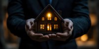 Hands holding glowing miniature house model at dusk, warm light streaming through tiny windows creating cozy atmosphere. Concept of home protection and real estate care.