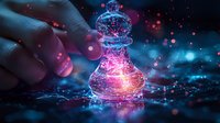 Glowing chess queen piece with magical pink and blue light effects on dark background, surrounded by sparkles and digital network connections. Strategic concept.