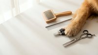 Grooming tools arranged with dog paw on white surface, including brush, comb, nail clippers and scissors for pet care and styling.