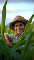 Young Hispanic male farmer smiling in corn field wearing straw hat during golden hour sunset light for agricultural and farming concepts.