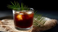 Cold brew coffee with ice cubes in glass on rustic burlap cloth, decorated with tropical palm leaves against dark background, dramatic lighting.