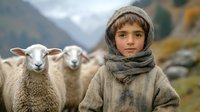 Young Caucasian shepherd boy in traditional warm clothing stands with sheep flock in mountainous landscape during autumn season, depicting rural pastoral life.