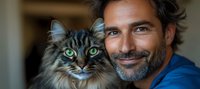 Smiling mature man with salt and pepper beard holding fluffy Maine Coon cat with bright green eyes, both looking at camera. Close-up portrait in blue casual wear.