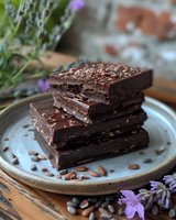 Stack of dark chocolate bars with almonds and chocolate shavings on ceramic plate, styled with purple flowers. Perfect for food blogs, dessert menus, and confectionery advertising.