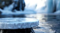 Frozen marble platform podium display stand with blurred winter ice cave background for product presentation and commercial advertising purposes.