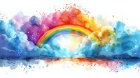 Vibrant watercolor rainbow arches over dreamy clouds with colorful splashes and sparkles, creating magical atmospheric scene against blue sky background.