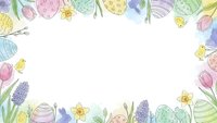 Watercolor Easter frame with decorated eggs, spring flowers, tulips and daffodils on white background for greeting cards and seasonal designs.