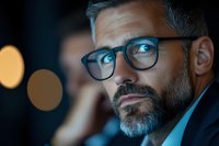 Close-up portrait of mature businessman with glasses and salt-pepper beard looking thoughtfully against blurred night lights background.