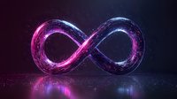 Glowing infinity symbol with pink and blue neon light effect against dark background, cosmic particles and energy trails creating mystical atmosphere with reflection.