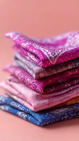 Stack of folded bandanas with traditional paisley pattern in pink, purple and blue shades on coral background, showing fabric texture and ornamental details.