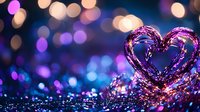 Glowing purple heart shape against blurred bokeh lights background creates romantic atmosphere with sparkles and reflections for Valentine's day designs.