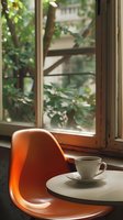 Cozy morning scene with white coffee cup on round table near window, orange modern chair, and green foliage view outside creating peaceful atmosphere.