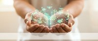 Hands cupping glowing digital network connections with futuristic holographic interface elements for technology and innovation concepts.