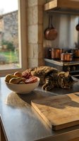 Tabby cat sniffing food in kitchen bowl with charcuterie ingredients, wooden cutting board, and rustic cookware visible in background for culinary and pet lifestyle content.