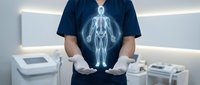 Healthcare professional displaying holographic human anatomy model in modern medical facility for education and patient consultation purposes.