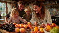 Happy family preparing fresh fruits in rustic kitchen, parents and children enjoying healthy food together in cozy home atmosphere.