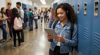 Mixed race teenage girl using tablet computer in busy high school hallway with students and blue lockers during break time.