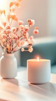 Glowing aromatic candle and delicate coral pink dried flowers in white ceramic vase on wooden surface, creating peaceful spa-like atmosphere in soft natural light.