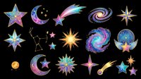 Celestial clipart set with stars, moons, galaxies, and comets in vibrant colors, isolated on transparent background. Great for stickers, t-shirt design, and print on demand.