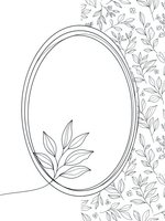 Elegant oval frame with botanical leaf motifs and floral patterns, monochrome line art design for wedding invitations, greeting cards and decorative projects.